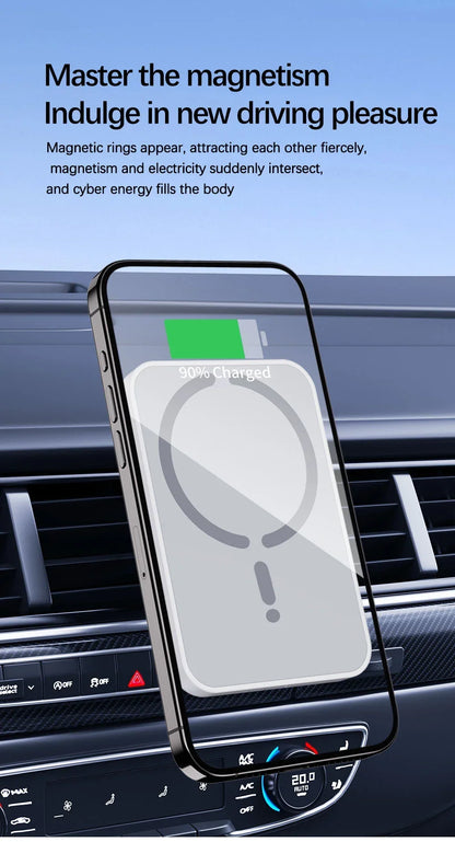 Cargador Inalámbrico Magnético para Coche 15W – Soporte Rejilla, Compatible iPhone 12-17 y Android