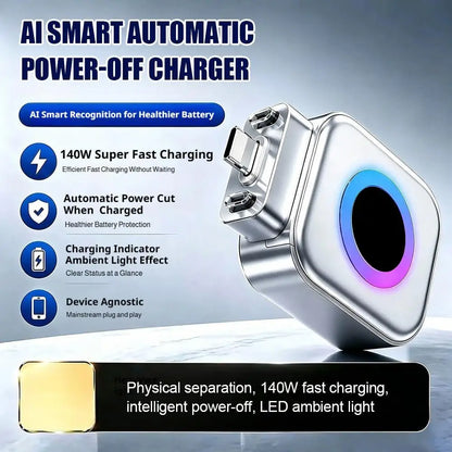 Protector de Carga Automático 140W – Corte Inteligente, Anticarga Excesiva, Adaptador USB-C