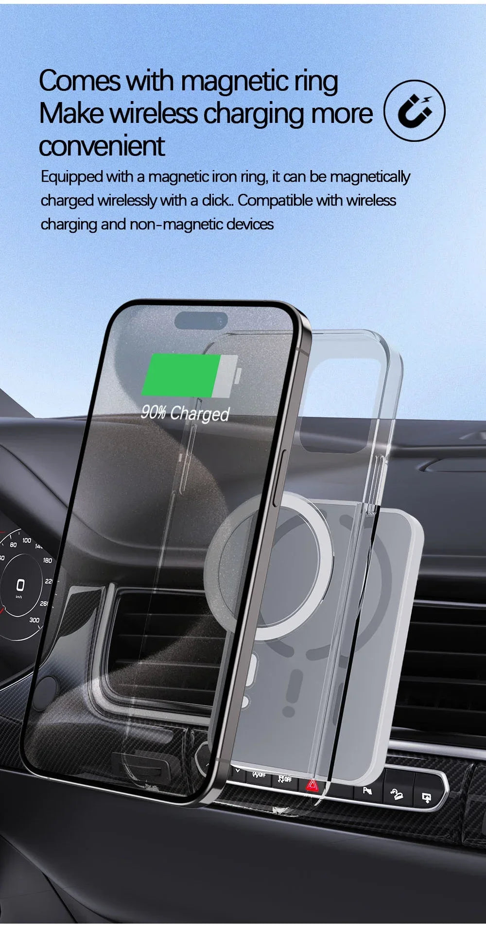Cargador Inalámbrico Magnético para Coche 15W – Soporte Rejilla, Compatible iPhone 12-17 y Android
