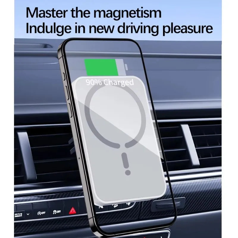 Cargador Inalámbrico Magnético para Coche 15W – Soporte Rejilla, Compatible iPhone 12-17 y Android