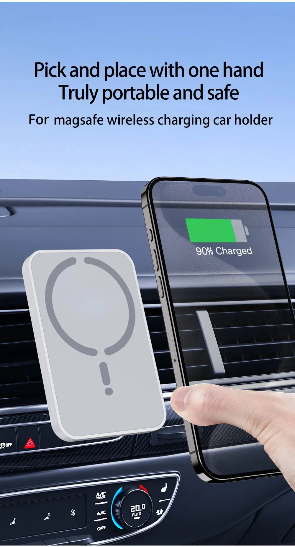 Cargador Inalámbrico Magnético para Coche 15W – Soporte Rejilla, Compatible iPhone 12-17 y Android