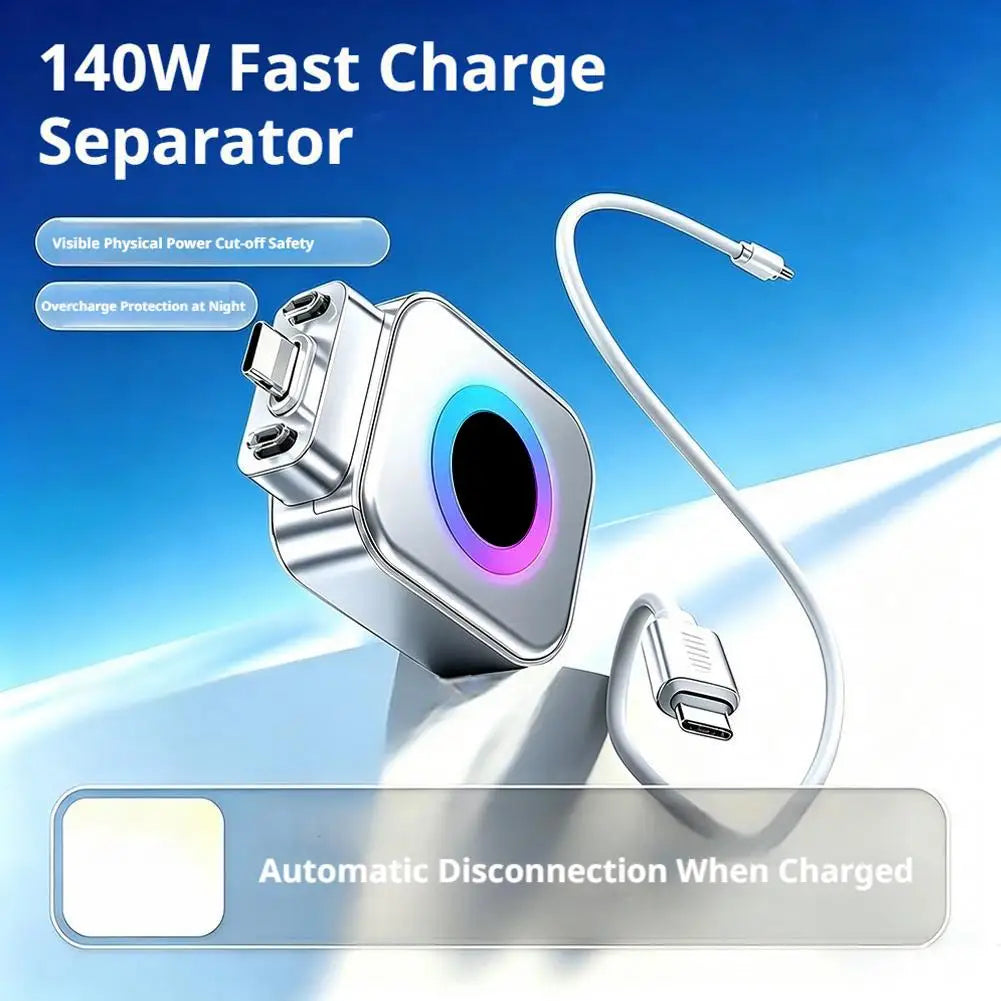 Protector de Carga Automático 140W – Corte Inteligente, Anticarga Excesiva, Adaptador USB-C