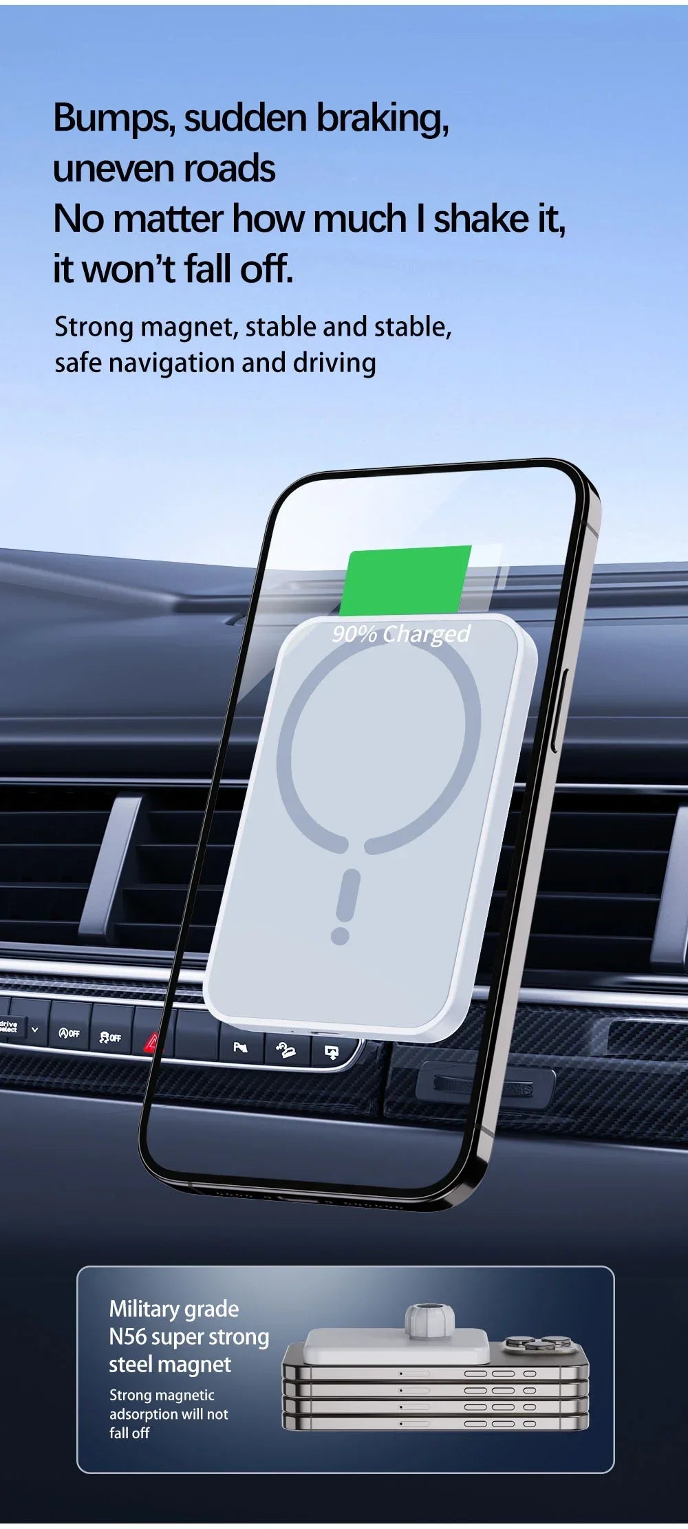Cargador Inalámbrico Magnético para Coche 15W – Soporte Rejilla, Compatible iPhone 12-17 y Android
