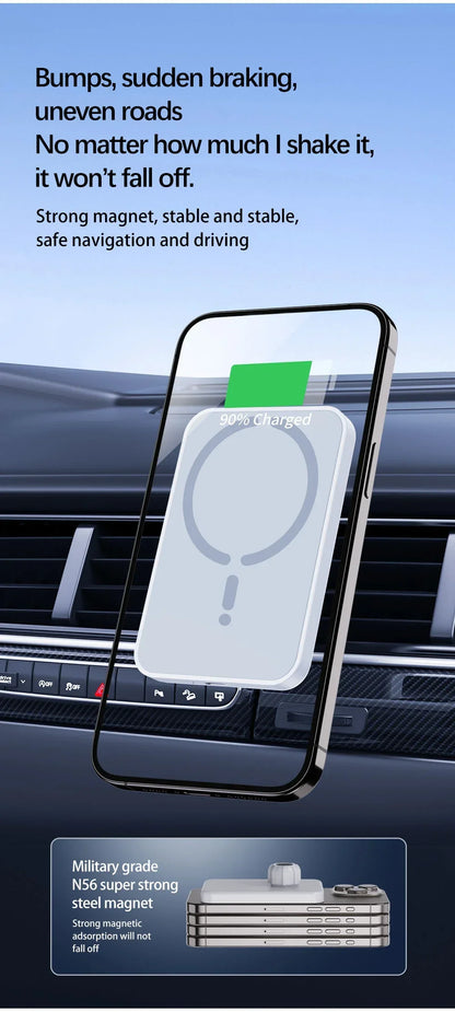 Cargador Inalámbrico Magnético para Coche 15W – Soporte Rejilla, Compatible iPhone 12-17 y Android