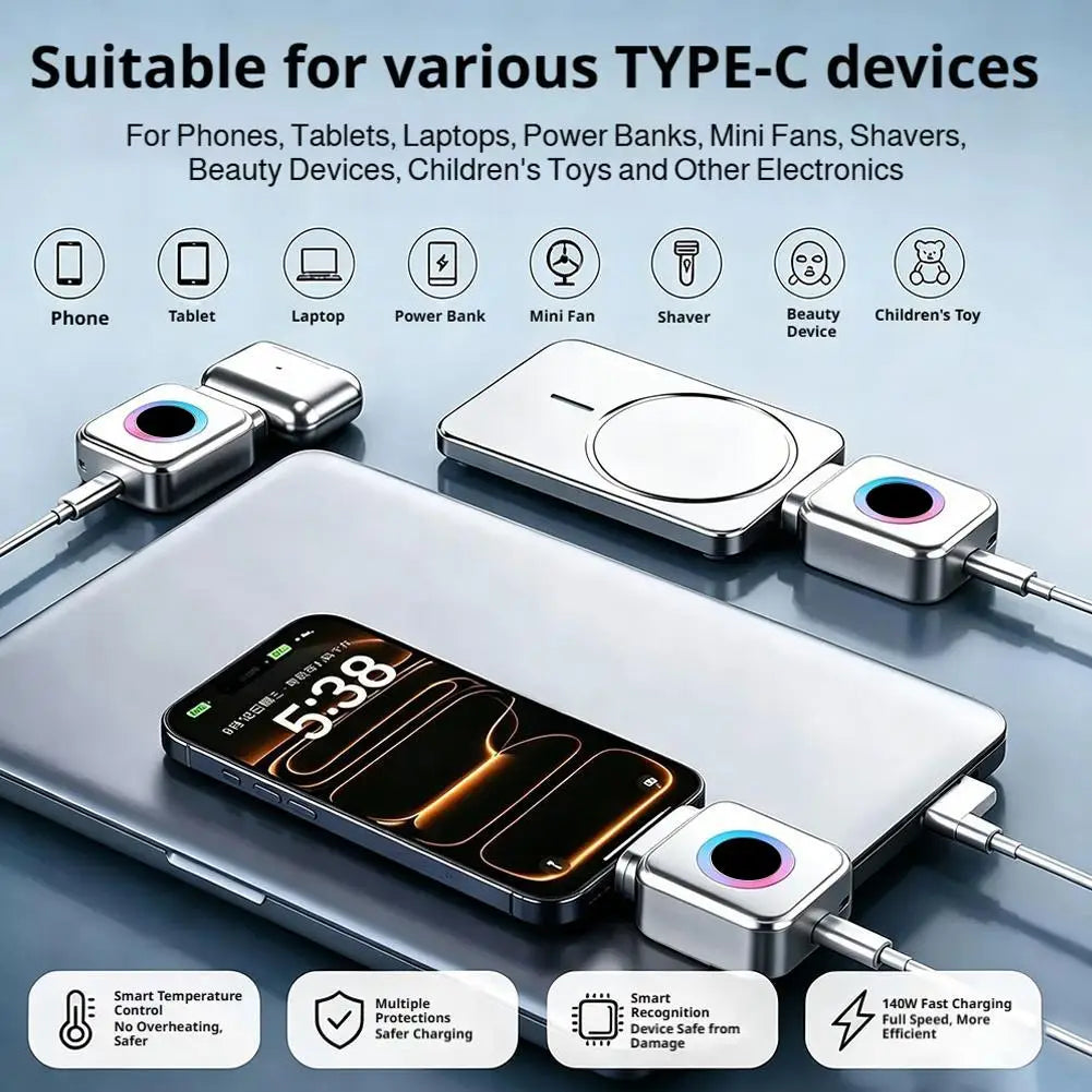 Protector de Carga Automático 140W – Corte Inteligente, Anticarga Excesiva, Adaptador USB-C