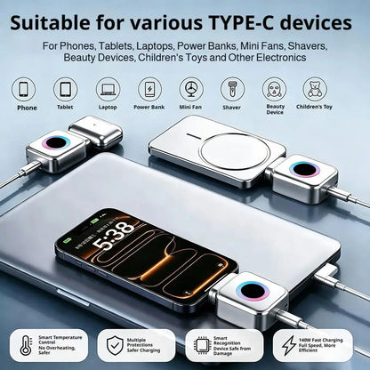 Protector de Carga Automático 140W – Corte Inteligente, Anticarga Excesiva, Adaptador USB-C